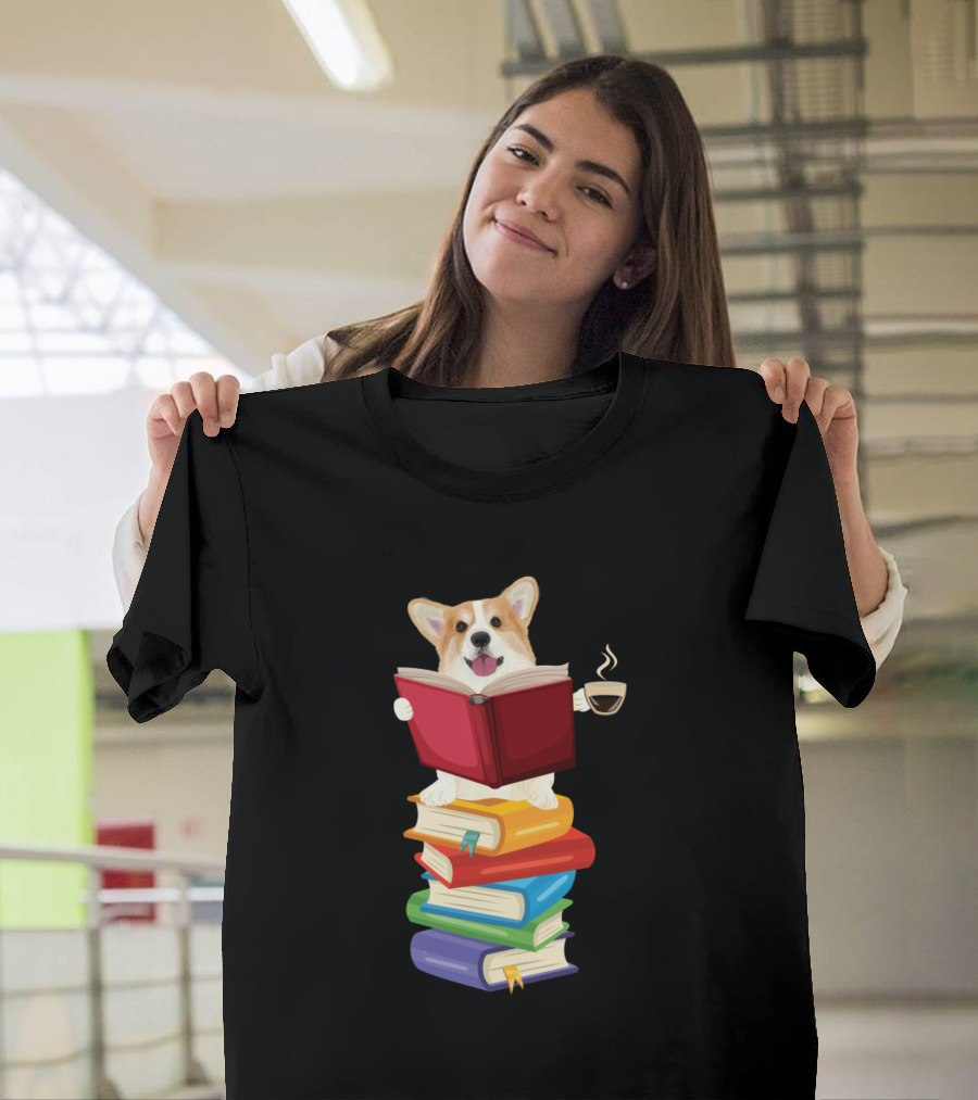 Welsh Corgi Reading Books with Coffee Cup Dog and Reading T-Shirt