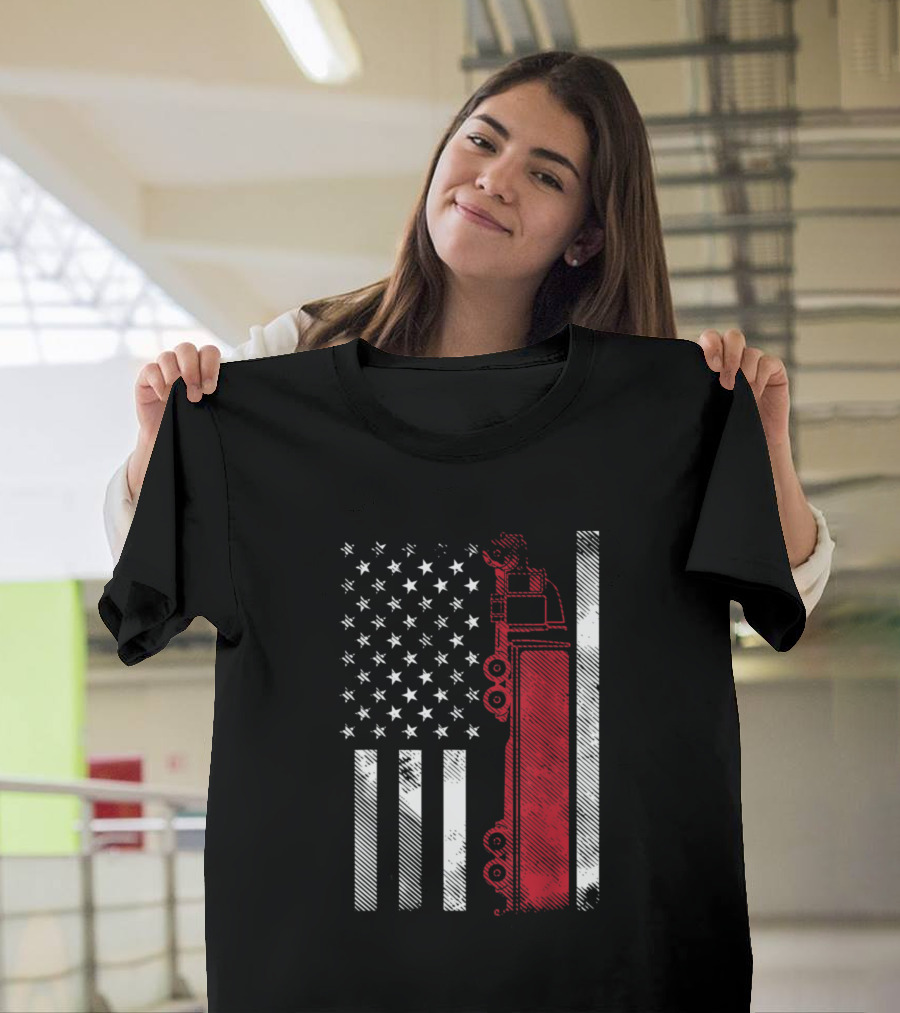 American Flag 18 Wheeler Semi Truck US Trucker T-Shirt