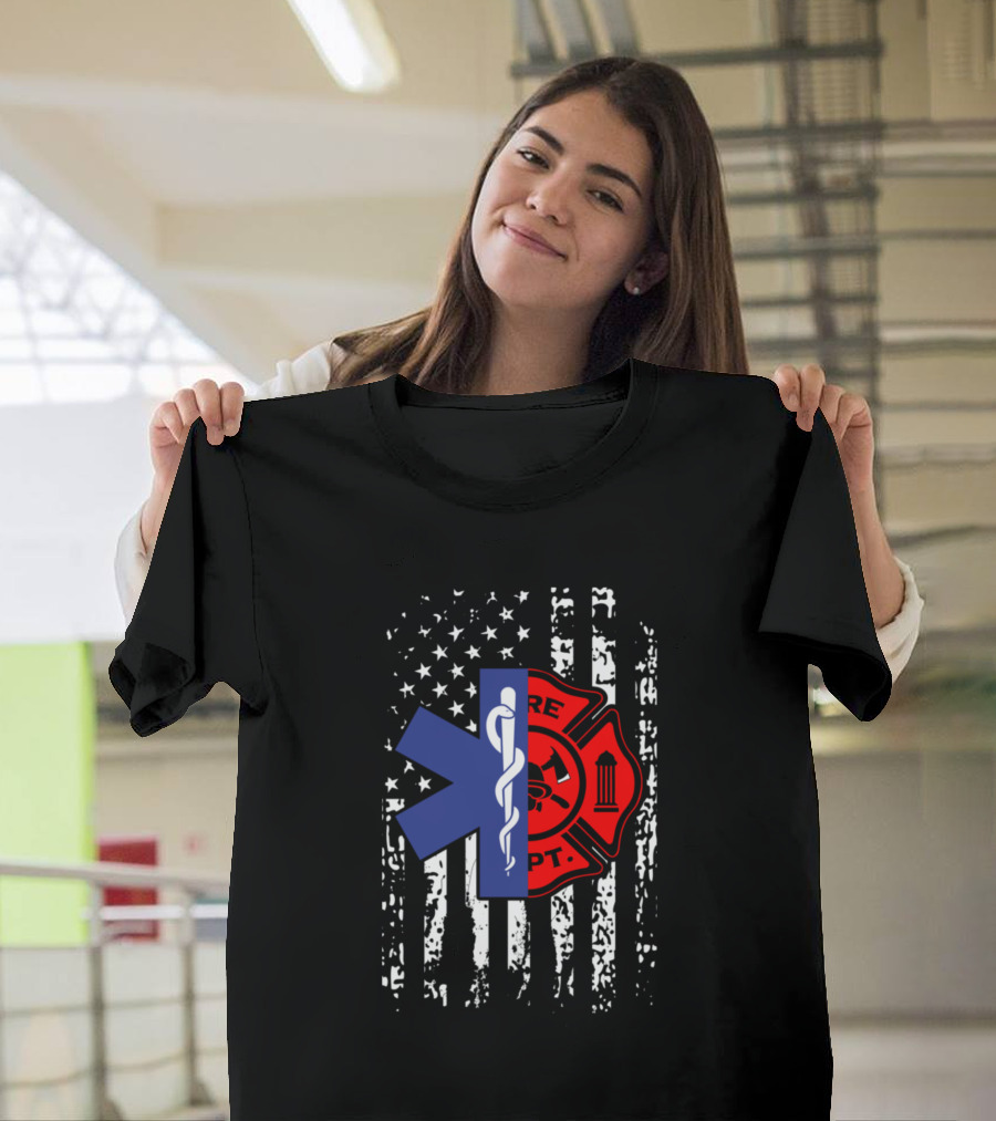 Fire Dept EMT Star of Life American Flag T-Shirt