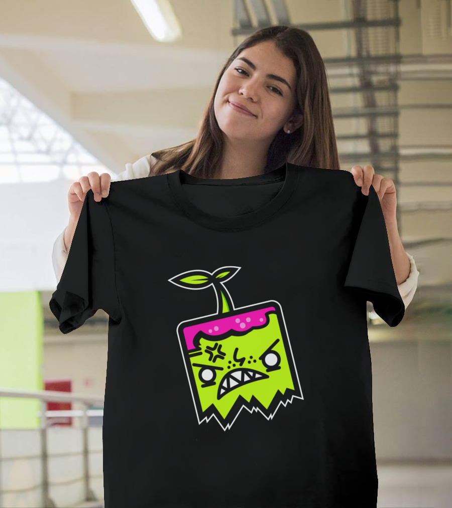 Mad Sprout Mascot Angry Green Cartoon with Leaf T-Shirt