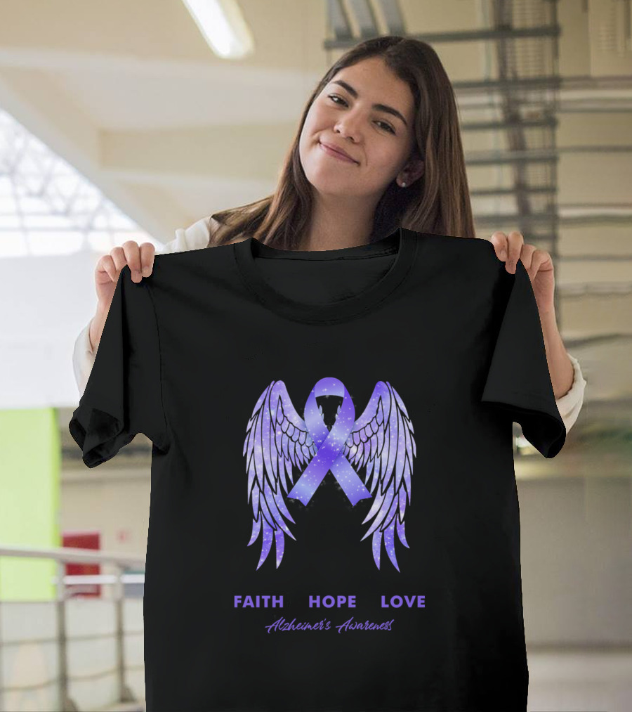 Faith Hope Love Alzheimer's Awareness Purple Ribbon Wings T-Shirt
