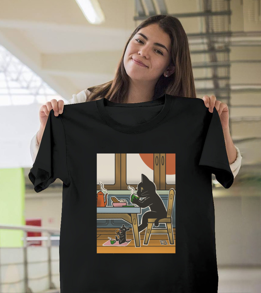 Breakfast with Black Cats and Steaming Cups T-Shirt