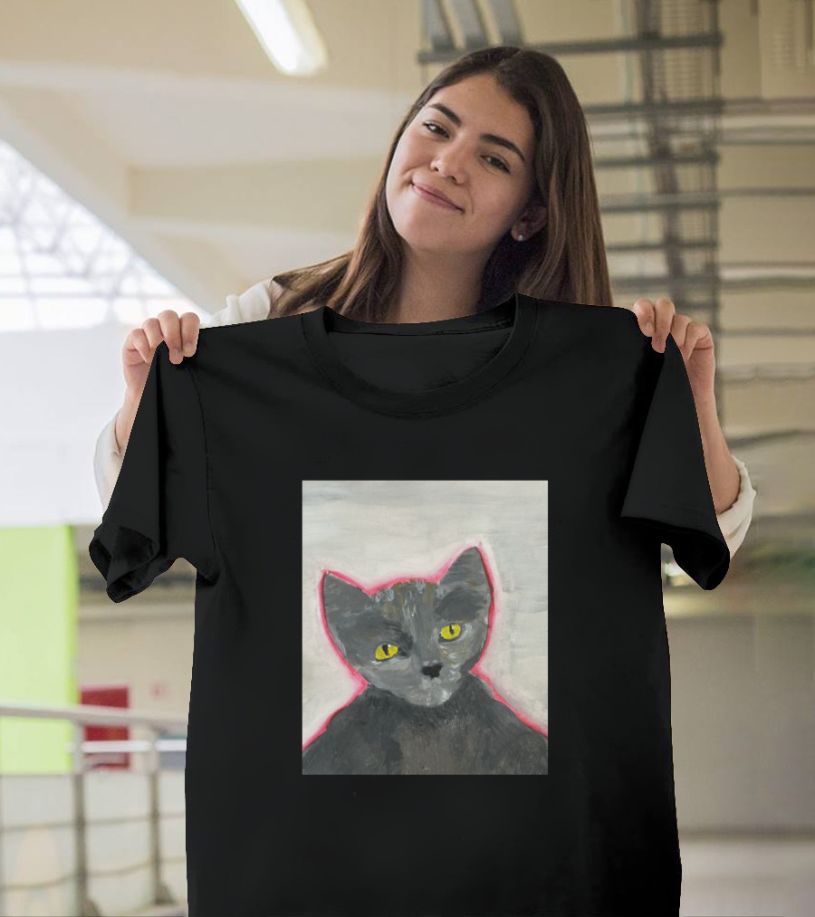 Contemplative Cat with Vibrant Eyes in Pink Glow T-Shirt