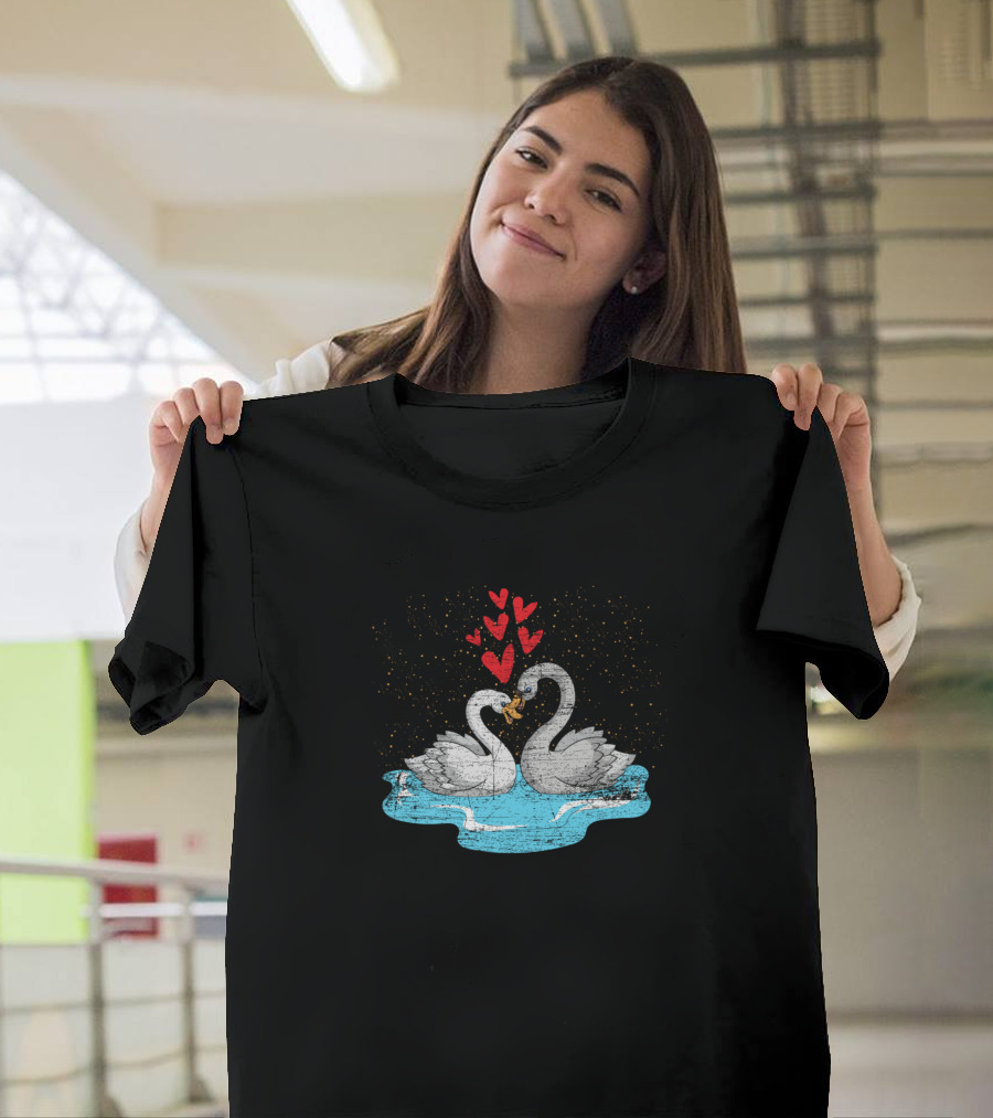 Couple Heart Swan Romantic Love Birds in Water with Floating Hearts T-Shirt
