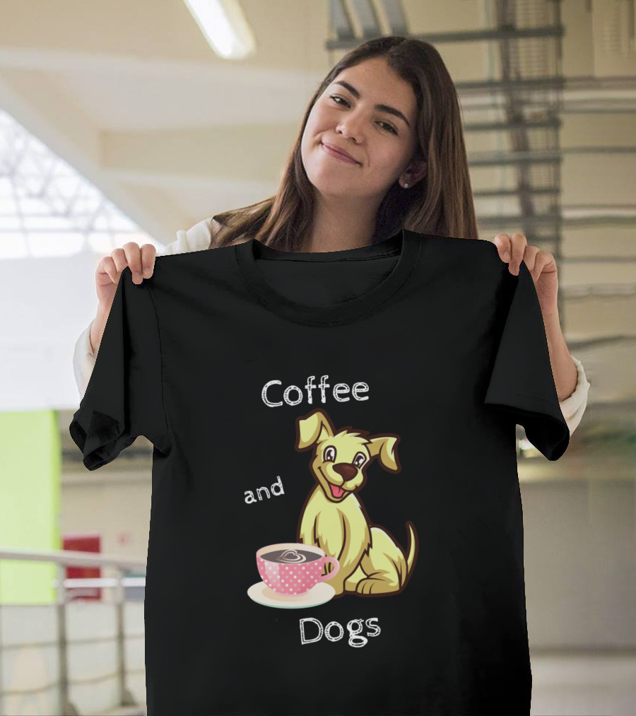 Coffee and Dogs with Pink Polka Dot Cup T-Shirt