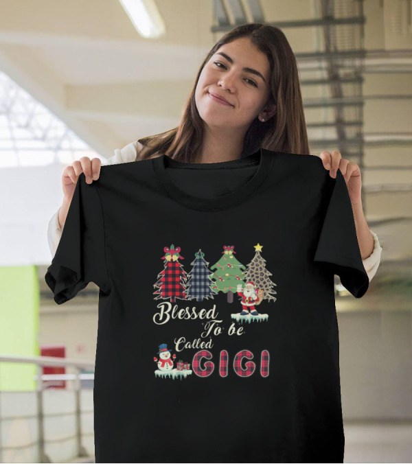 Blessed To Be Called Gigi Plaid Leopard Christmas Tree Santa Snowman T-Shirt