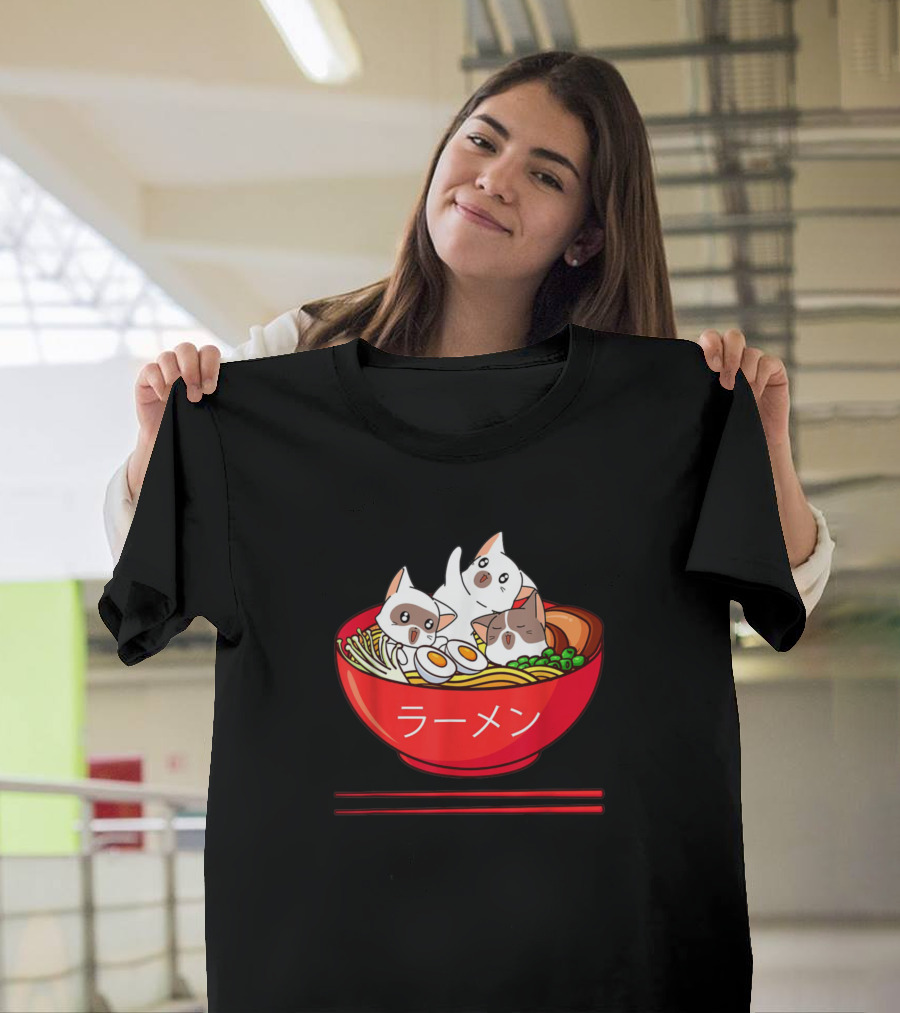 Kawaii Anime Cat Ramen Bowl with Japanese Style Text T-Shirt