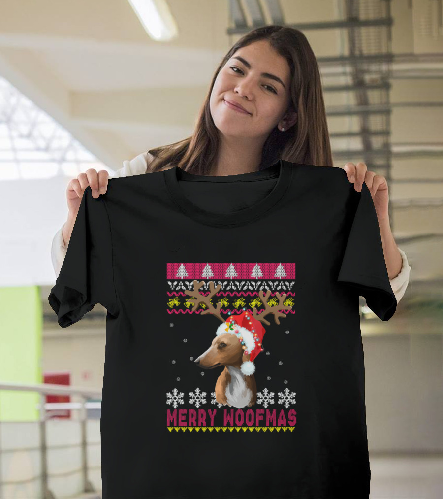 Merry Woofmas Azawakh Reindeer Antlers Santa Hat Snowflakes Festive Knit T-Shirt