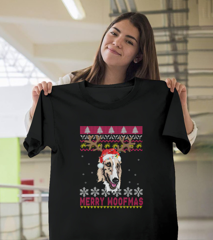 Merry Woofmas Borzoi Christmas Sweater Dog With Antlers T-Shirt