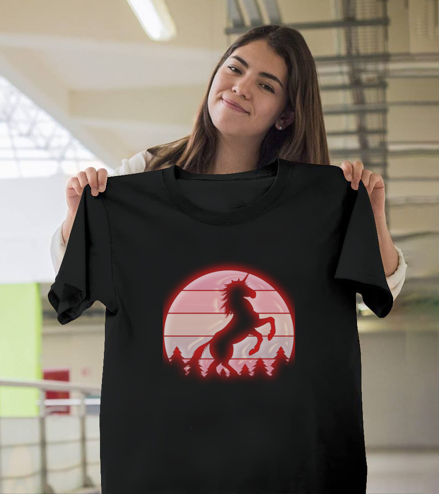 Red Unicorn Silhouette Against Full Moon and Forest T-Shirt