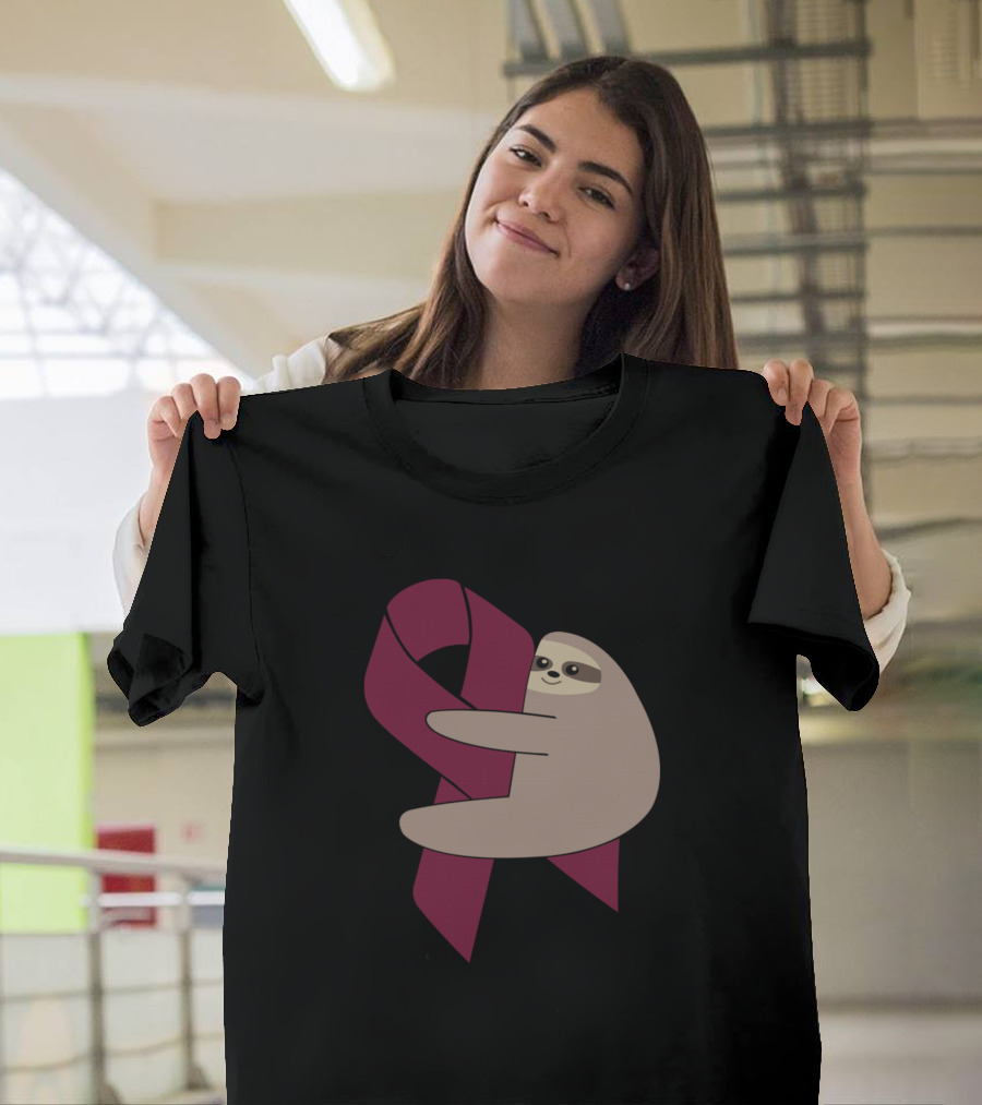 Sloth Burgundy Ribbon Hospice Care Awareness Funny Pocket T-Shirt