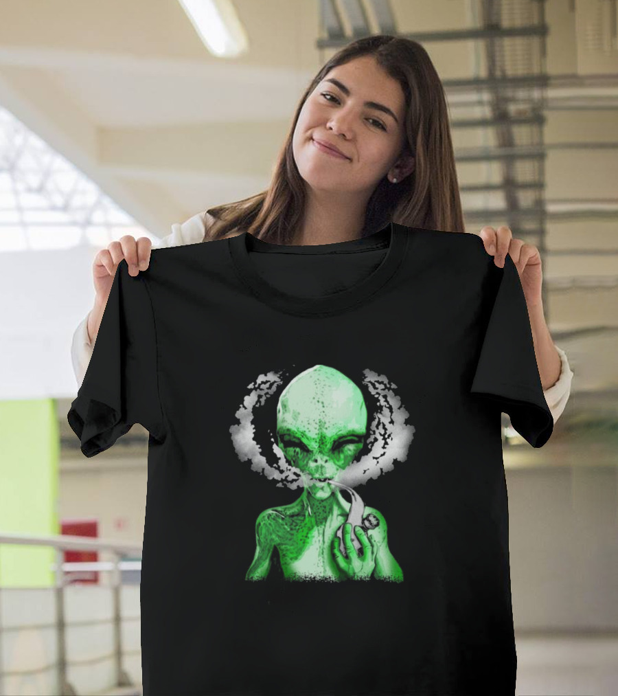 Green Alien Smoking with Halo of Smoke T-Shirt