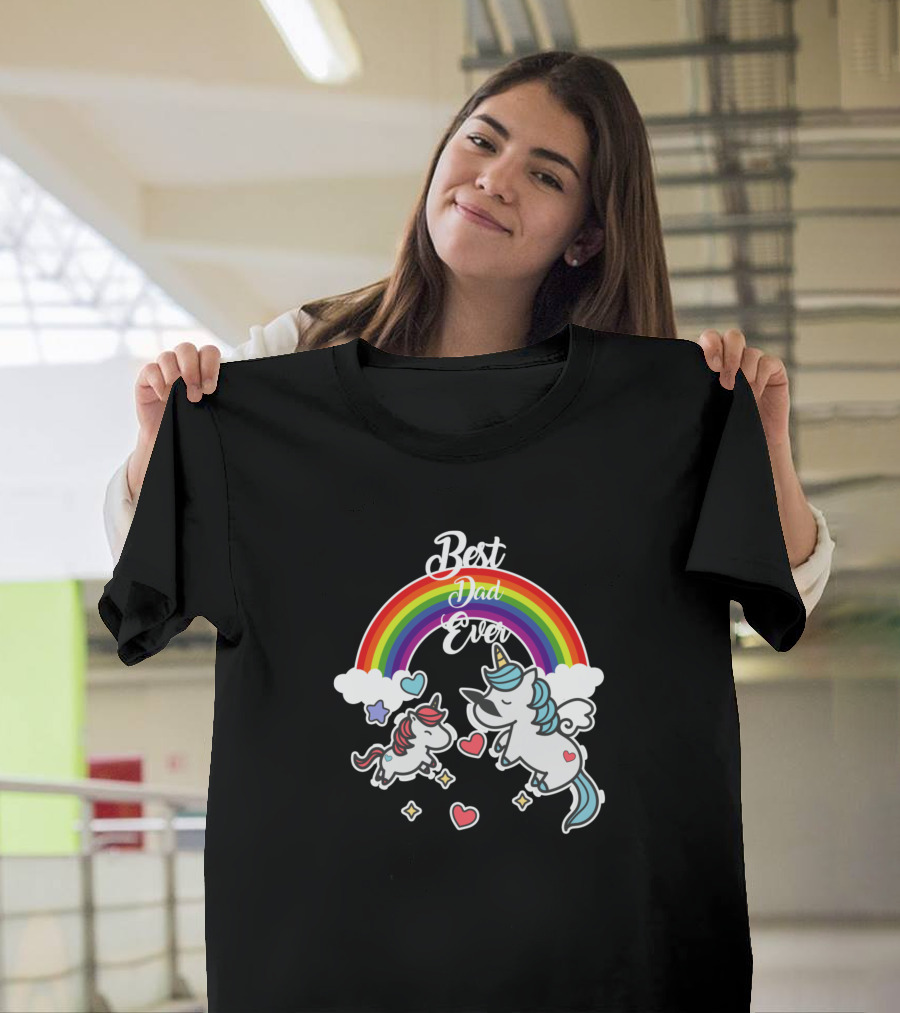 Best Dad Ever Unicorn Dad Cute Rainbow Hearts and Stars T-Shirt