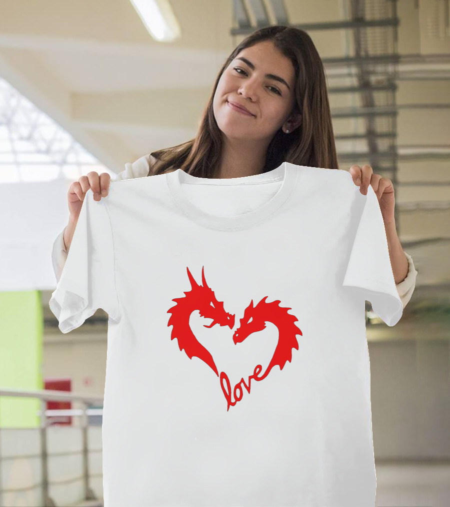 Dragon Love Heart Embrace with Red Dragons and Love Script T-Shirt