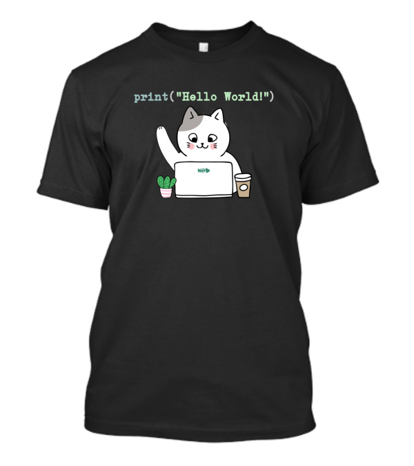 Geek Cat Programmer Print Hello World Coding Coffee Cactus T-Shirt