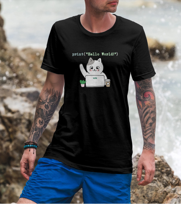 Geek Cat Programmer Print Hello World Coding Coffee Cactus T-Shirt