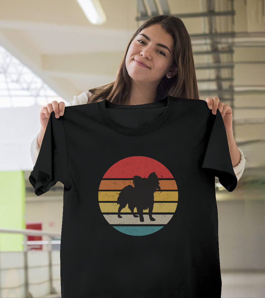 Retro Vintage Papillon Dog Silhouette Stripes T-Shirt