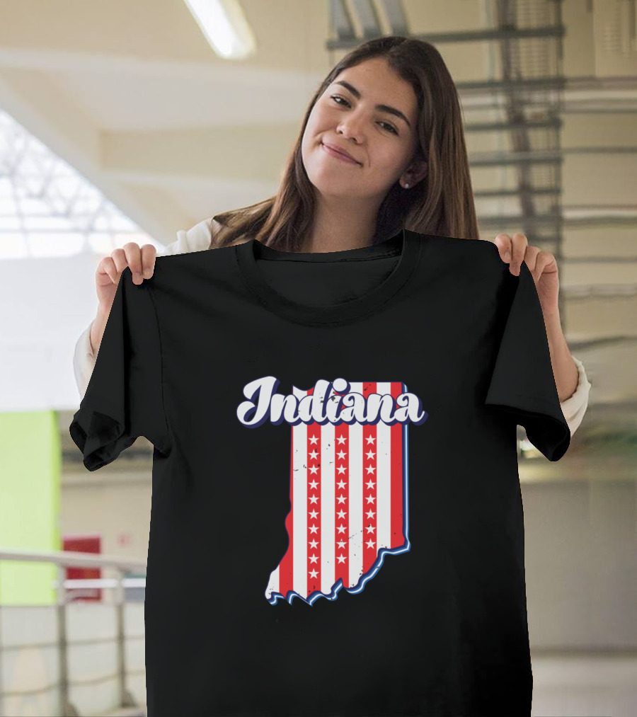Indiana Map Outline Stars and Stripes USA Flag 4th of July T-Shirt