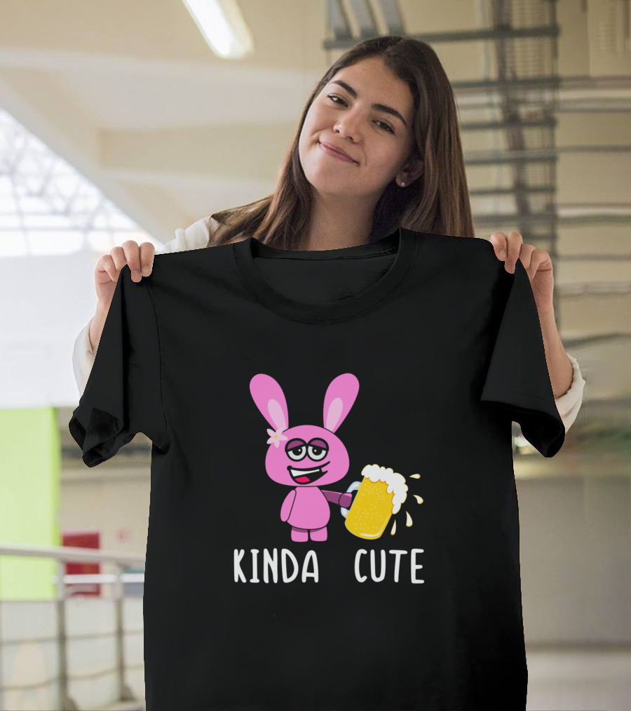 Kinda Cute Pink Rabbit Holding Beer Suspicious Expression T-Shirt