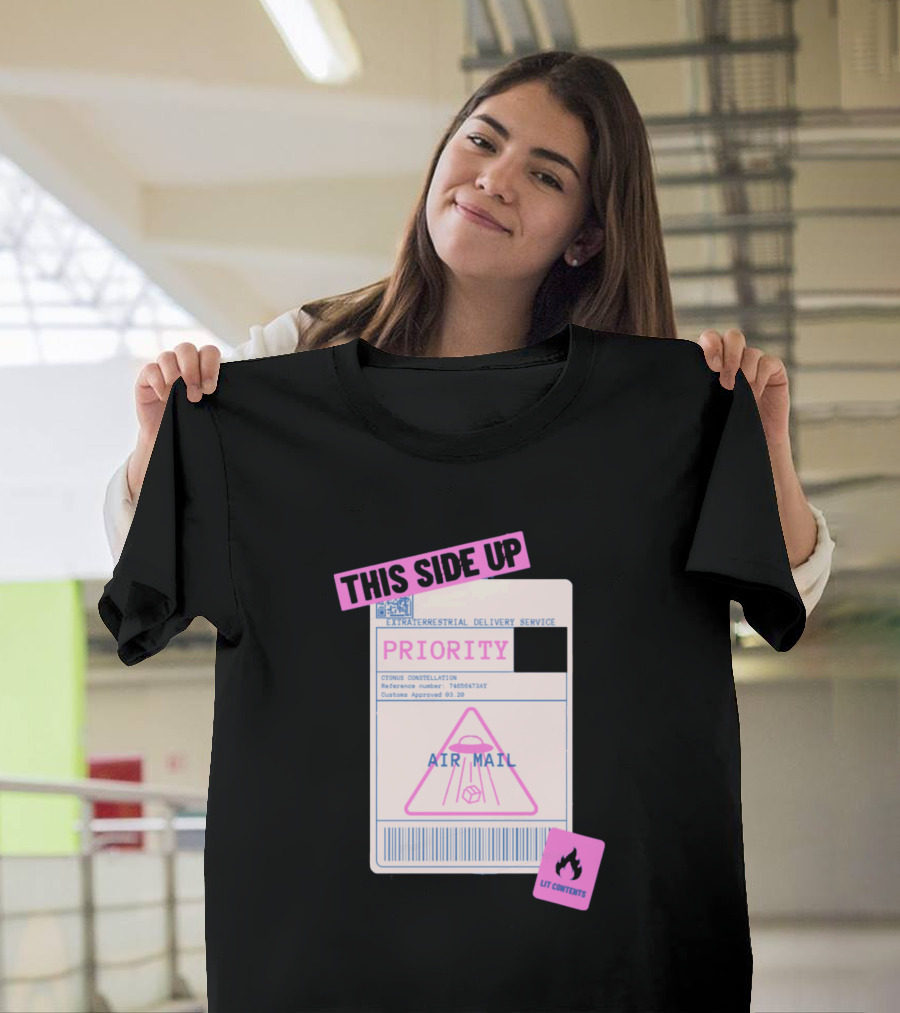 This Side Up Priority Intergalactic Delivery Service Air Mail Lit Contents T-Shirt
