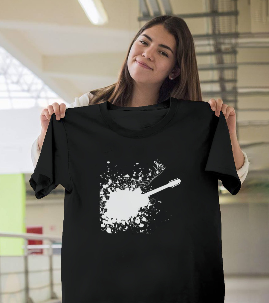 White Guitar Music Splash with Notes and Swirls T-Shirt