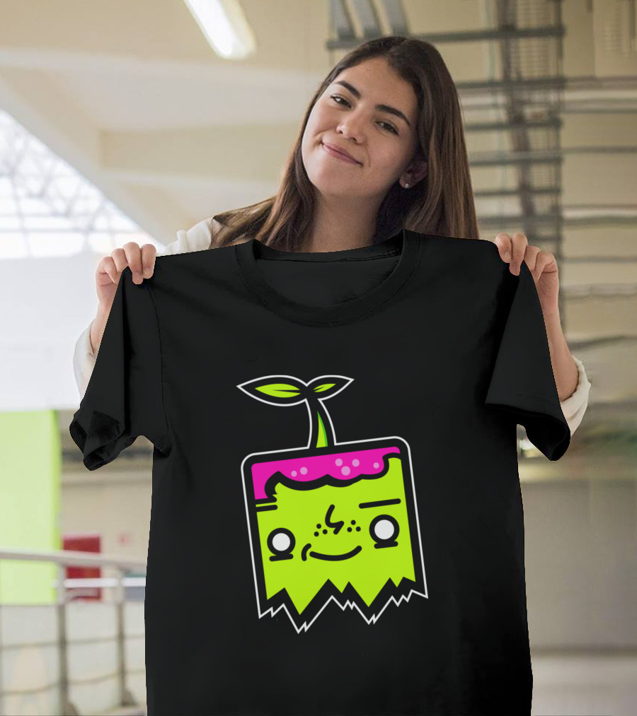Sprout Mascot Neon Cube Character with Leaf and Pink Top T-Shirt