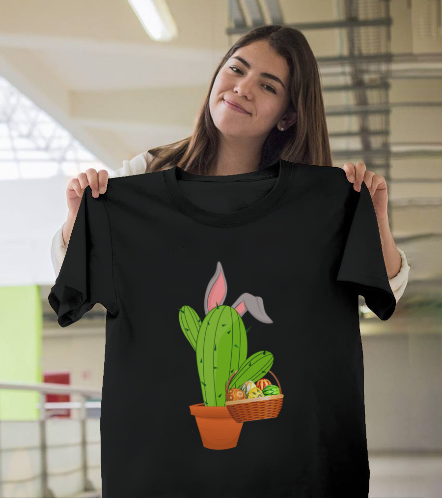 Easter Basket Bunny Ears Cactus Plant with Eggs T-Shirt