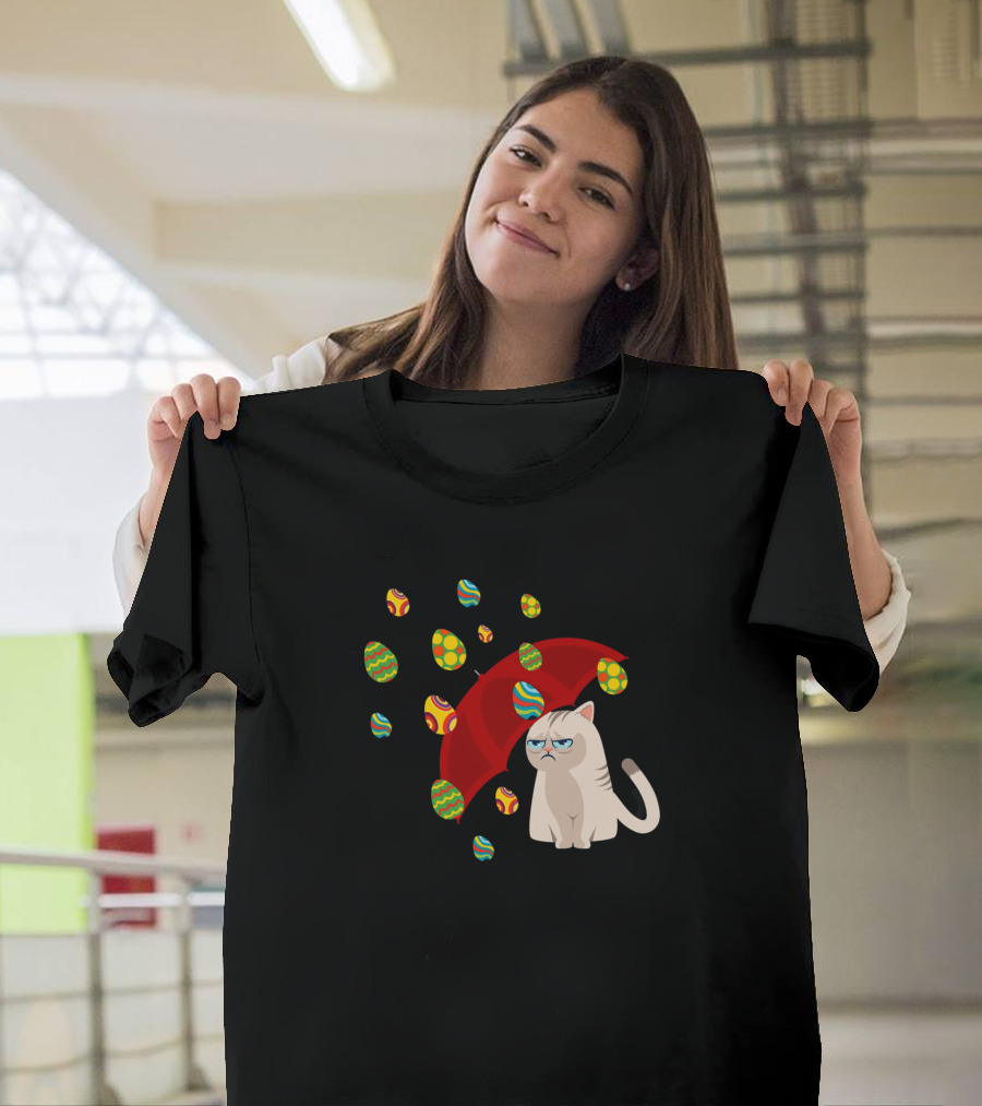 Grouchy Cat with Red Umbrella Under Raining Easter Eggs T-Shirt