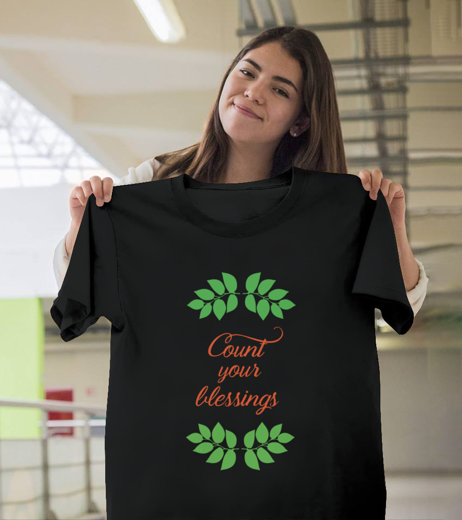 Count Your Blessings Green Leaf Motif T-Shirt