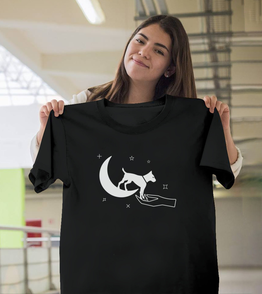 Elegant Canine Balancing on Crescent Moon and Hand with Stars T-Shirt