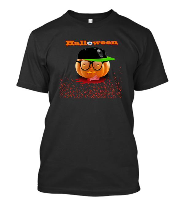Halloween Pumpkin Glasses Skull Cap Bloody T-Shirt