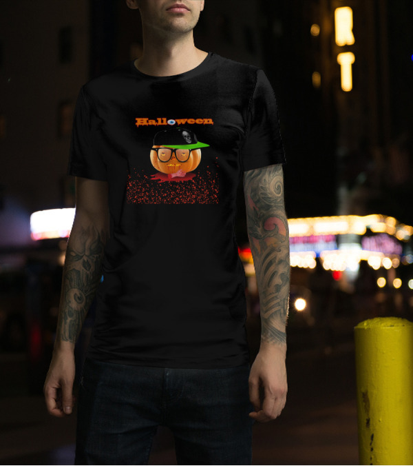 Halloween Pumpkin Glasses Skull Cap Bloody T-Shirt