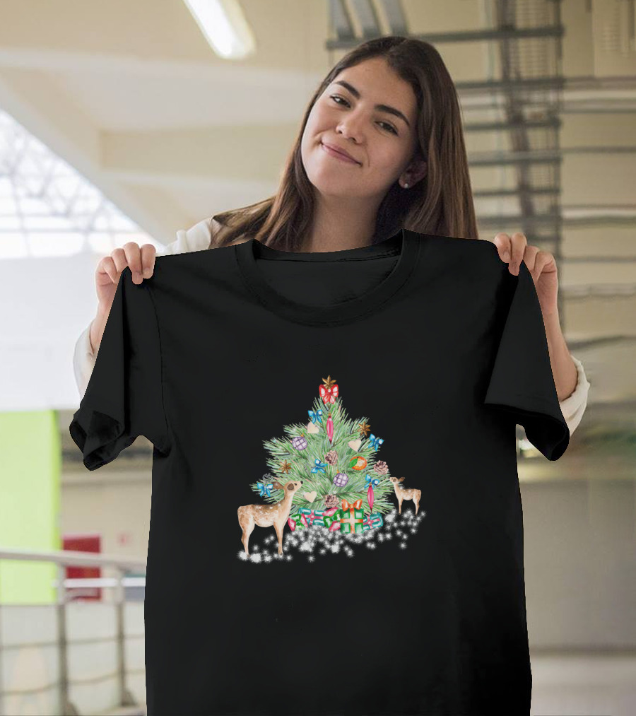 Christmas Deer and Snowy Gift-Filled Christmas Tree Night T-Shirt