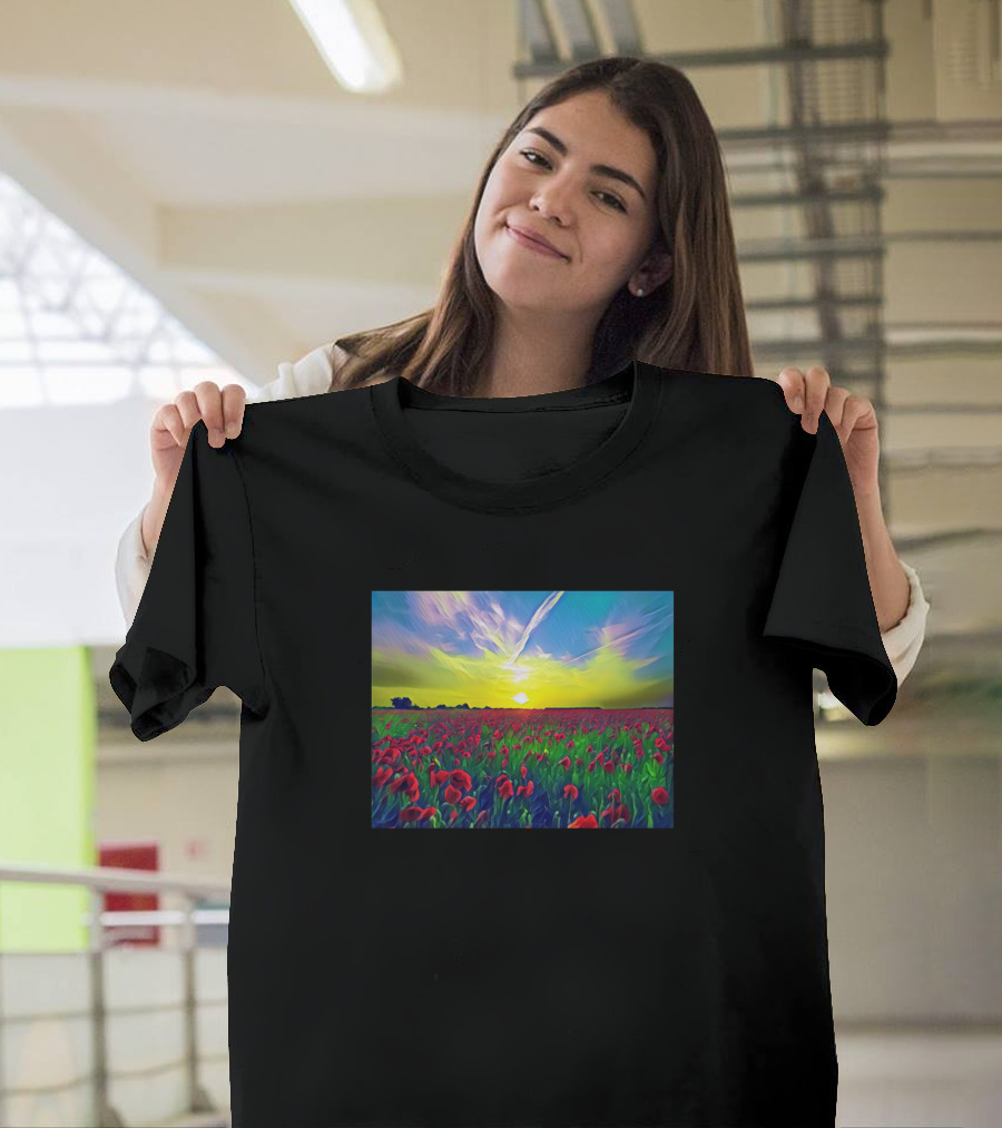 Flower Field of Love Sunset Horizon Digital Landscape T-Shirt