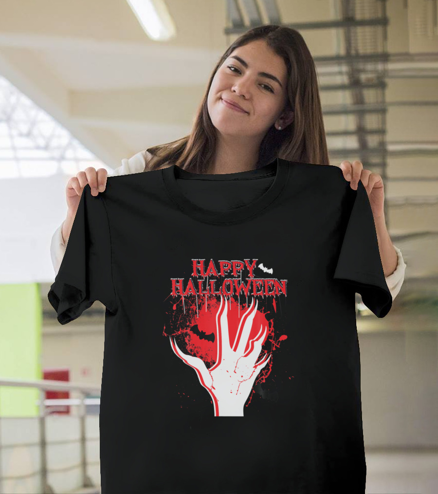 HAPPY HALLOWEEN Zombie Hand with Bats and Red Splatter T-Shirt