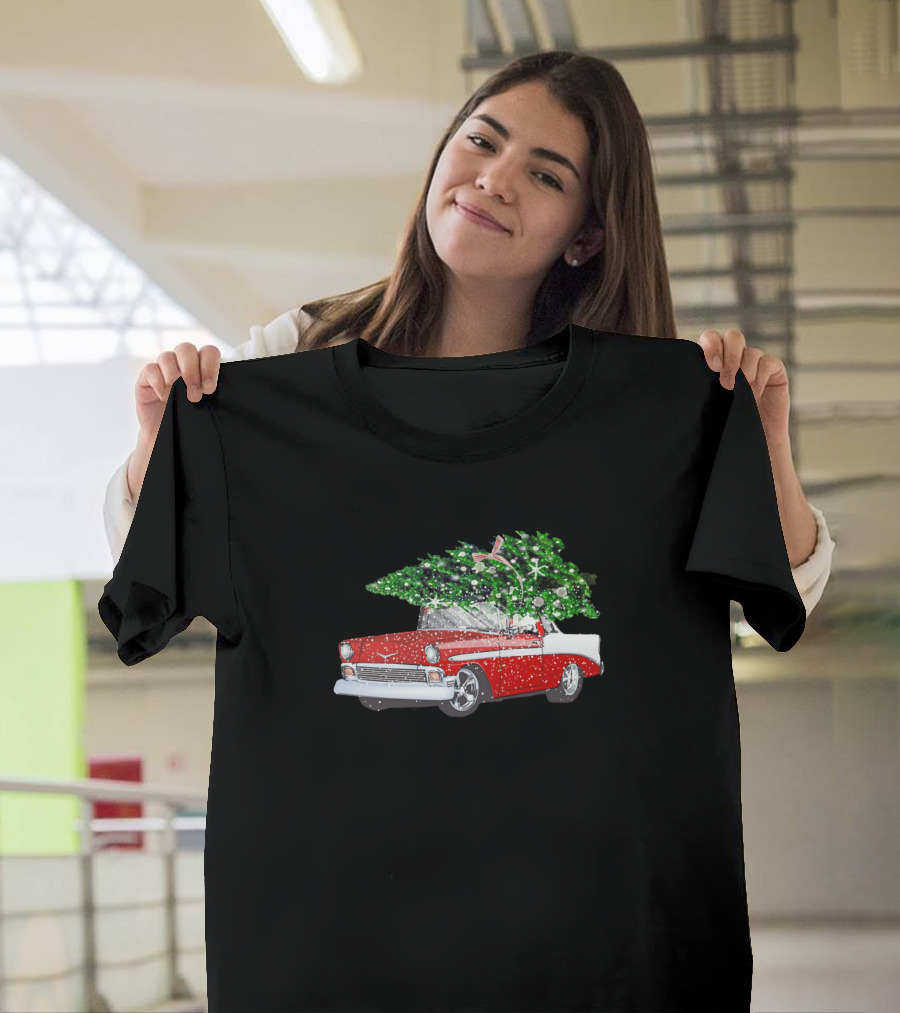 Vintage Chevrolet Red Car with Christmas Tree Snowy Scene T-Shirt