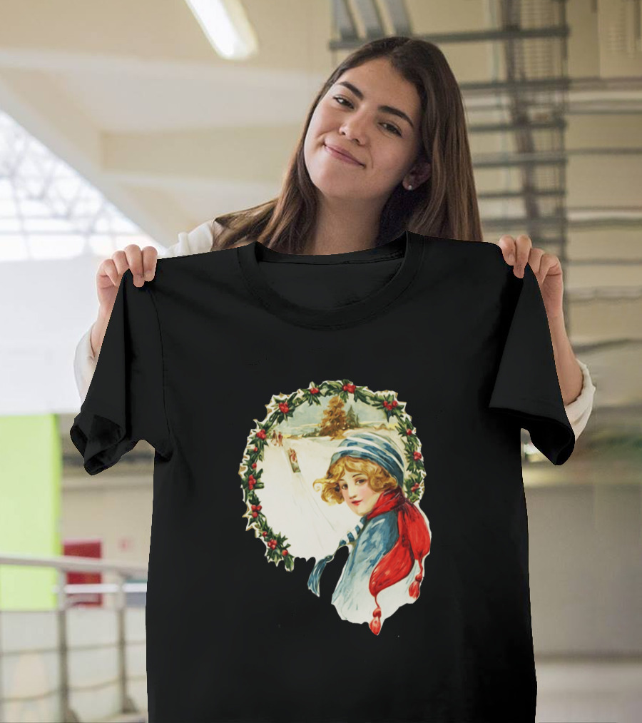Vintage Christmas Snow Scene Victorian Girl with Holly Wreath and Winter Landscape T-Shirt