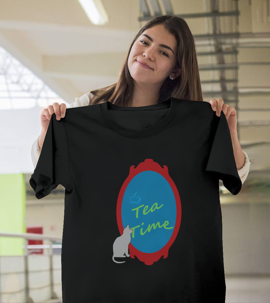Reflected Cat Silhouette Tea Time with Cup and Mirror Frame T-Shirt