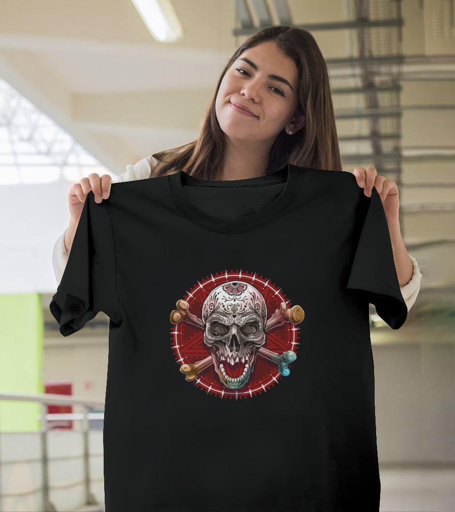 Pentagram Skull with Colorful Crossed Bats and Red Starburst T-Shirt