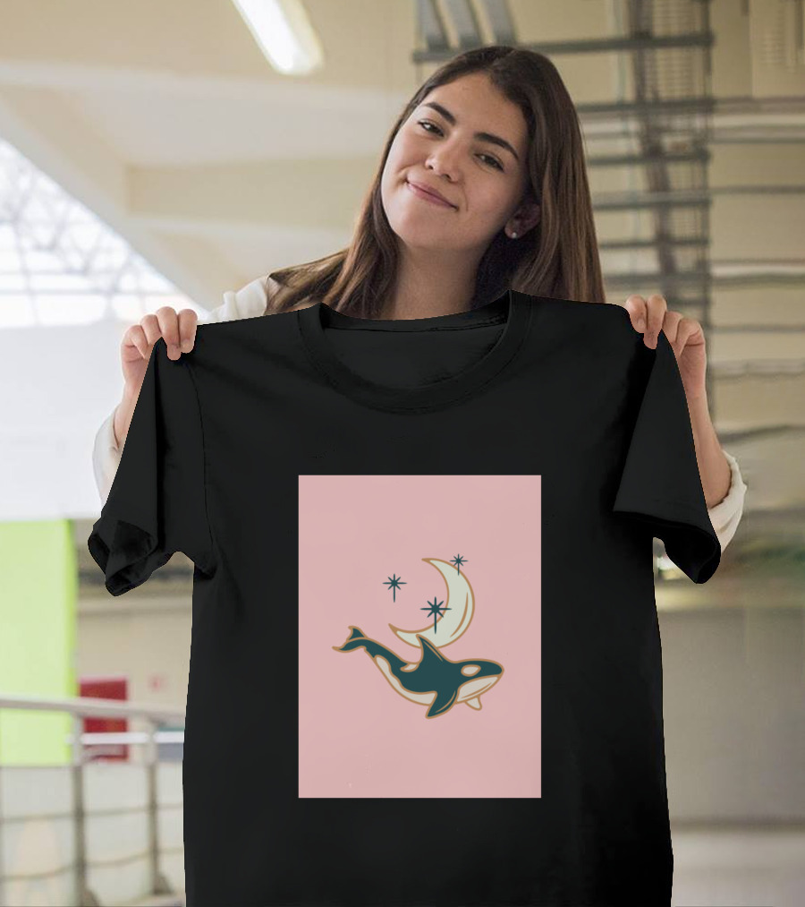 Orca and Crescent Moon with Stars on Pink Background T-Shirt