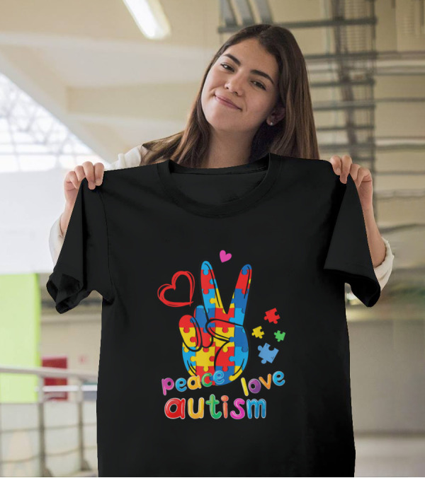 Peace Love Autism Puzzle Ribbon Awareness Day T-Shirt