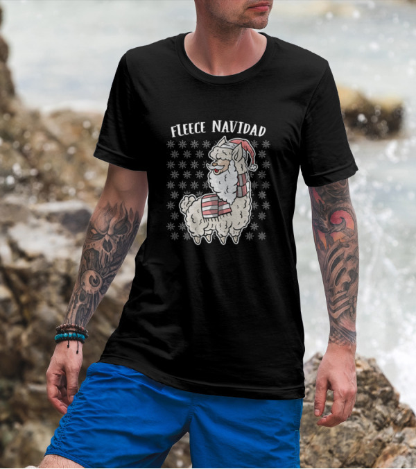 Fleece Navidad Llama Christmas Sweater Design With Santa Hat And Scarf T-Shirt