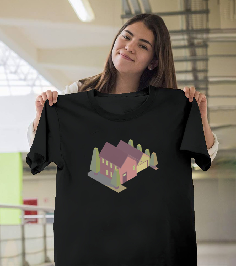 Little Cottage Isometric Design with Trees and Pink House T-Shirt