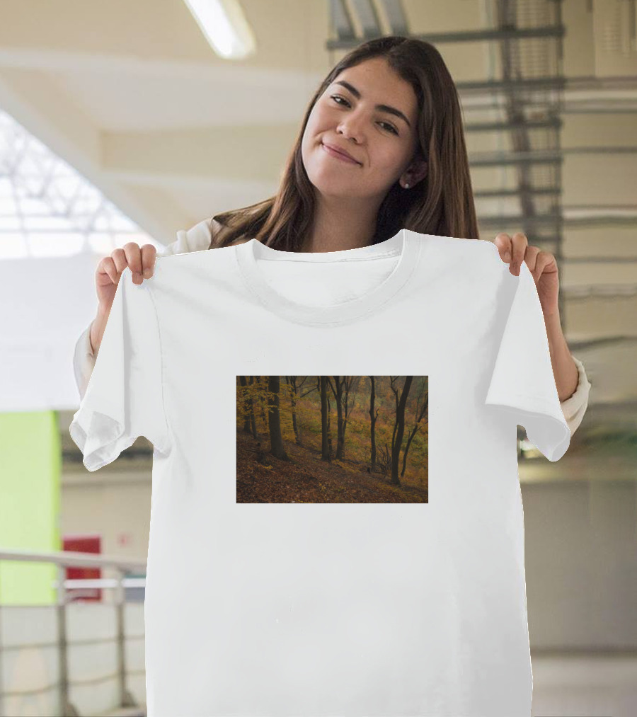 Dramatic Autumn Forest Path in Misty Woods T-Shirt