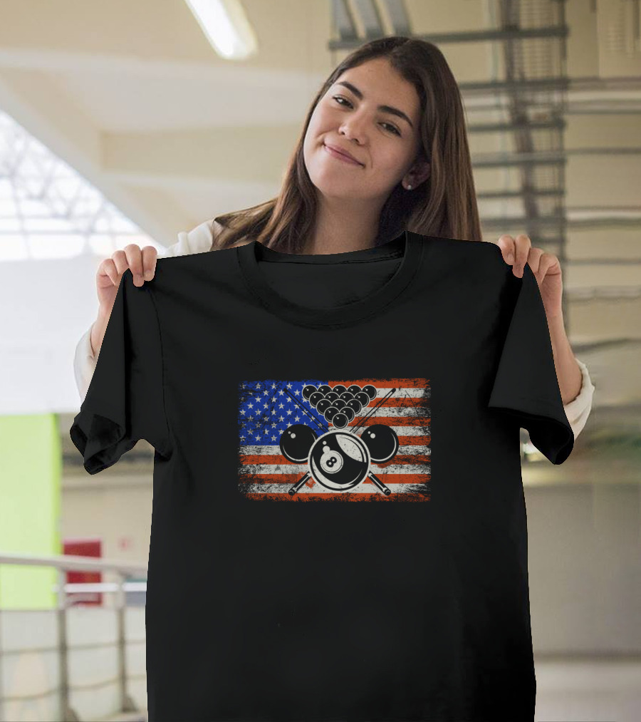Billiards Pool American Flag with Cue and 8 Ball T-Shirt