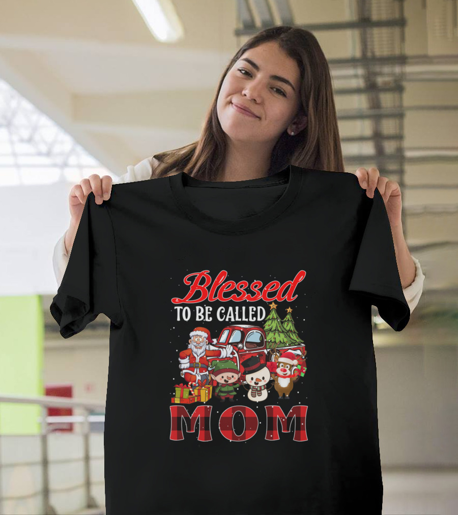 Blessed To Be Called Mom Christmas Santa Snowman Reindeer Buffalo Plaid T-Shirt