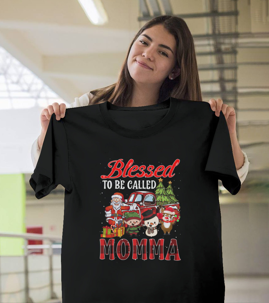 Blessed To Be Called Momma Christmas Santa Snowman Reindeer Buffalo Plaid T-Shirt