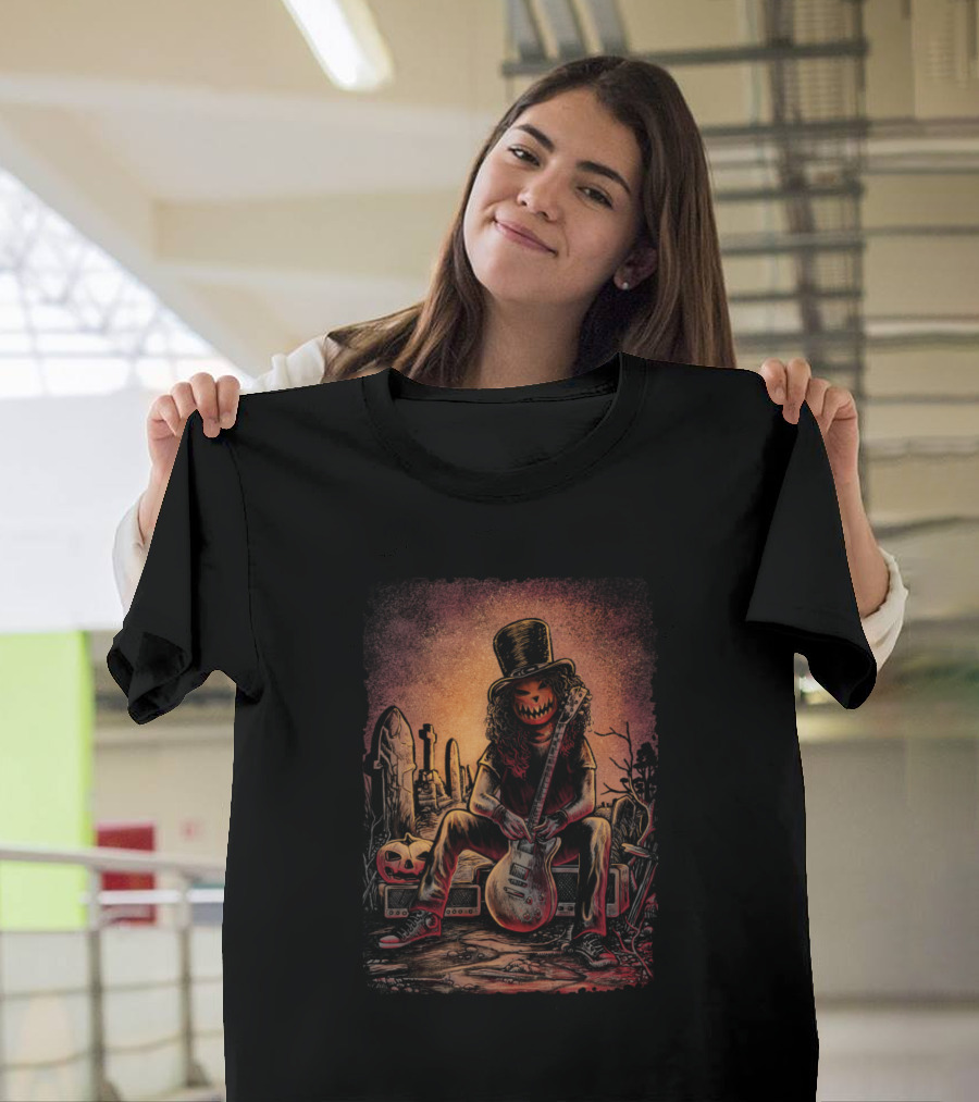 Helloween Day Pumpkin Guitarist with Top Hat in Graveyard Scene T-Shirt