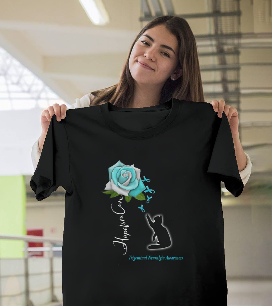 Hope For A Cure Trigeminal Neuralgia Awareness Blue Rose Ribbon Cat T-Shirt
