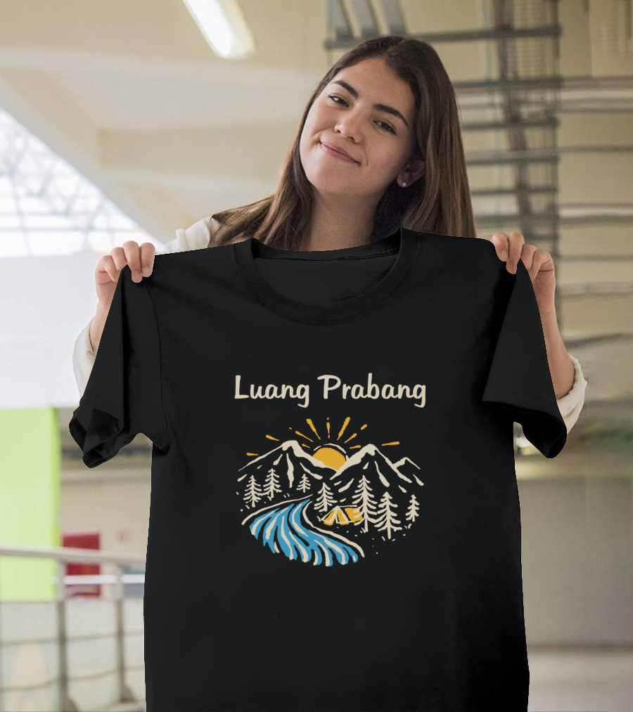 Luang Prabang Louangphabang Laos Mountains River Sunrise Camping Scene T-Shirt